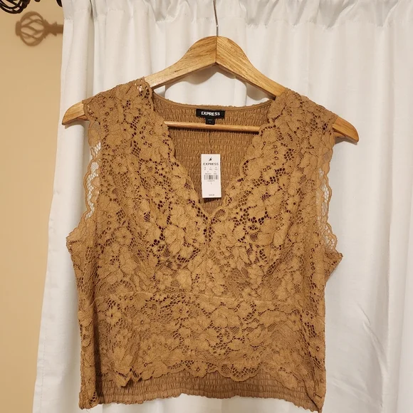 NEW Express Lace Smocked Back Sleeveless Blouse Dusty Gold - Picture 10 of 10